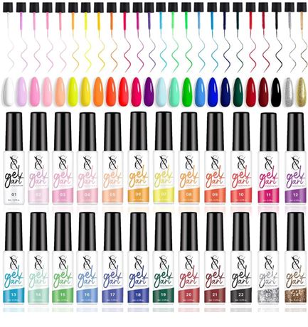 SXC Cosmetics 24-Color Gel Liner Set for Nail Art - With Built-in Thin Brush for