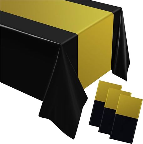 Oudain Disposable Plastic Tablecloths 54" x 108" for Rectangle Tables Cloths Waterproof Table Cover for Graduation Wedding Birthdays Baby Shower Grad Party Decorations(Black, Gold, 12 Pcs)