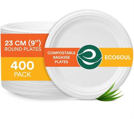 ECO SOUL Pearl White 9 Inch [400-Pack] Paper Plates (PFAS Free) | 100% Compostab