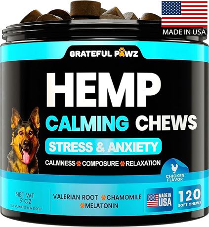 Hemp Calming Chews Treats for Dogs Anxiety Relief & Stress - Travel, Thunder, Se