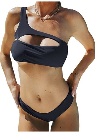M - mist blue Women's One Shoulder Bikini Set Cutout High Cut Swimsuit Bralette