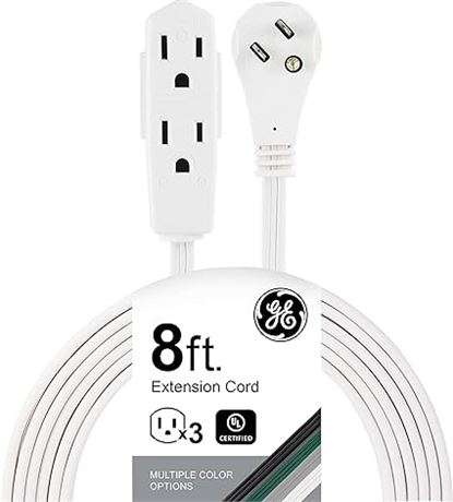 8ft. - GE Indoor Office Extension Cord, Extra Long 8ft Power Cable, 3 Grounded O