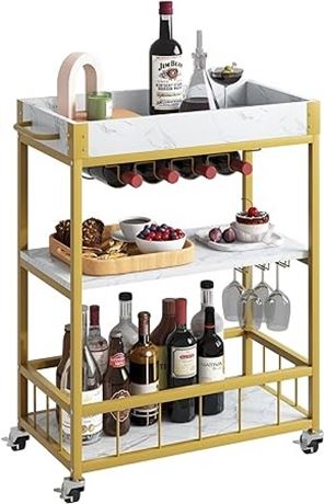 aboxoo Bar Cart White Marble 3 Tiers Removable Storag...