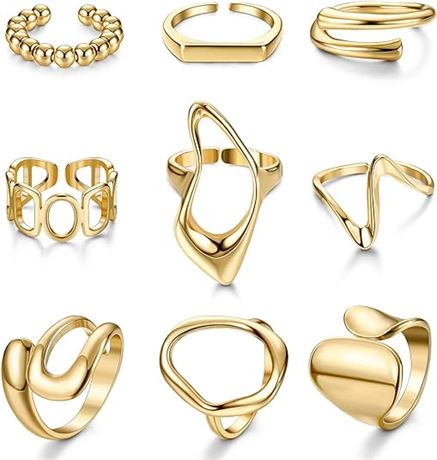 FIBO STEEL 9 Pcs Gold Chunky Rings for Women 18K Gold Plated Ring Set Dome Thick