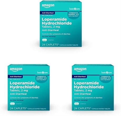 Amazon Basic Care Loperamide Hydrochloride Tablets, 2 mg, Anti-Diarrheal, 3 pac