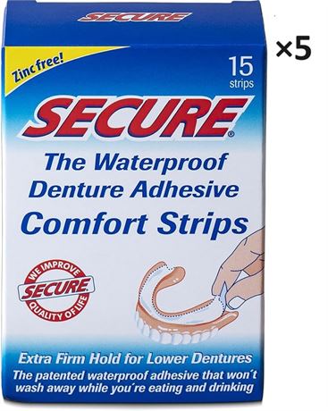 PACK OF 5 (15 Count)Secure Comfort Strips Waterproof Denture Adhesive