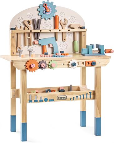 ROBUD Large Wooden Play Tool Workbench Set for Kids Toddlers, Construction Works