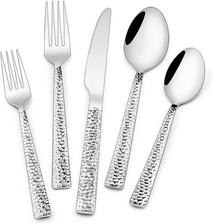 Hammered Silverware Set, 40-Piece Stainless Steel Square Flatware Set for 8