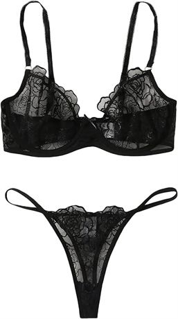 MEDIUM - SOLY HUX Women's Embroidery Floral Mesh Sheer Underwire Lingerie Bra an