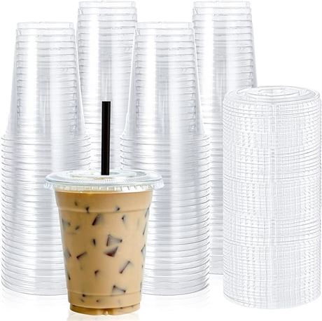 [90 PACK] 16oz Clear Plastic Cups With Flat Lids, Disposable Drinking Cups, 16 o