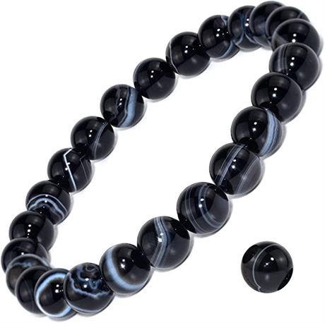 DAZCOLO Natural Gemstone Bracelet 7.5 In Stretch Gems Stones 8mm Black Sardonyx