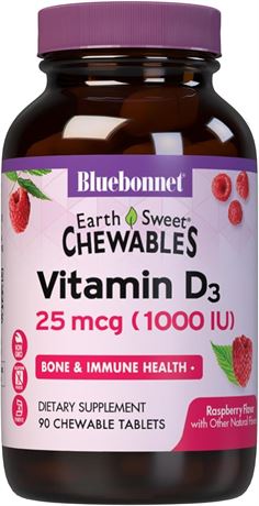 90 Count - BlueBonnet Nutrition Earth Sweet Vitamin D3 1000IU Chewable Tablets