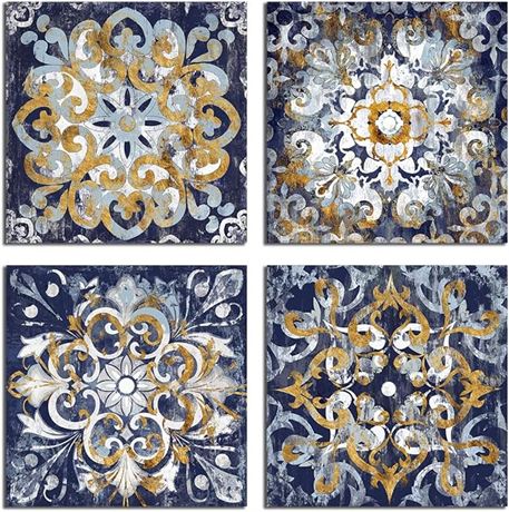 4 Pcs, 13"x13" Each Panel - Sycdeor Canvas Wall Art Flower Pattern Prints with G