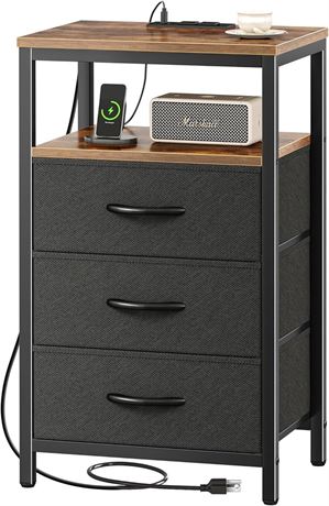 Nightstand with Charging Station, 27.6 Inch Side Table with Fabric Drawers