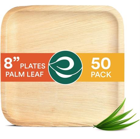 ECO SOUL 100% Compostable 8 Inch Square Palm Leaf Plates [50-Pack] I Premium Dis