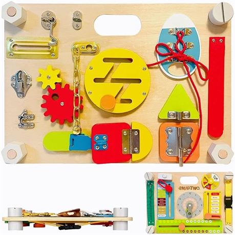 Smartwo Double-Sided Busy Board,20+ Montessori Activities Wooden Sensory Toy for