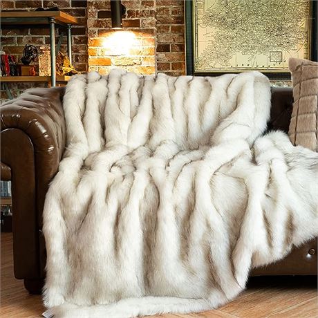 51" x 67" - BATTILO HOME Luxury White Faux Fur Throw Blanket, Decorative Throw