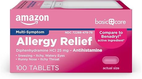 100CNT-Amazon Basic Care Allergy Relief Diphenhydramine HCl 25 mg, Antihistamine
