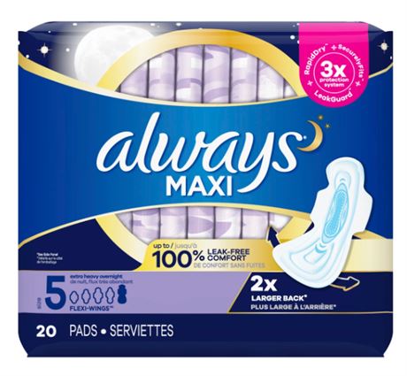 3 PACK, 24 PADS ea - Always Maxi Size 5 Extra Heavy Overnight Pads with Wings, U