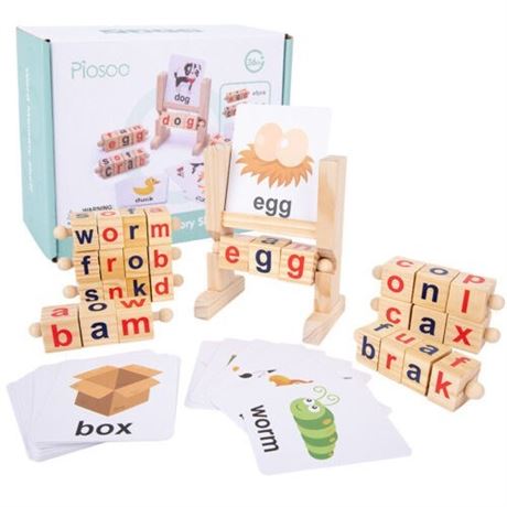 Montessori Wooden Reading Blocks Rotating Letter Puzzle Sight Words Spinning Alp