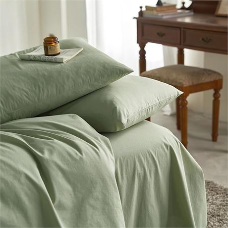 KING SIZE 3 PCS Wake In Cloud - Sage Green Duvet Cover Set, 100% Washed Co...