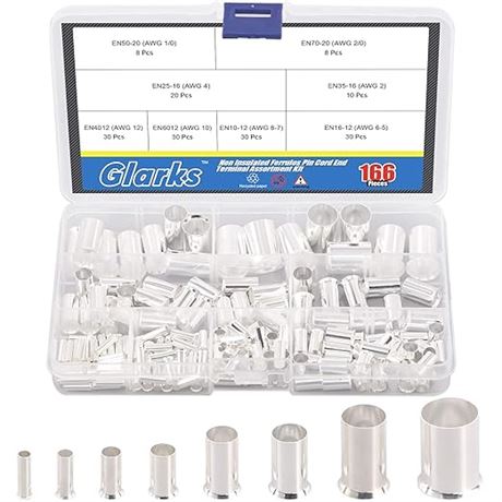 Glarks 166Pcs 8 Sizes AWG 12 10 8 6 4 2 1 2/0 Wire Ferrules Kit Silver Plated