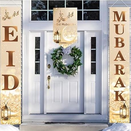 LOONELO 3pcs Eid Mubarak Porch Banners