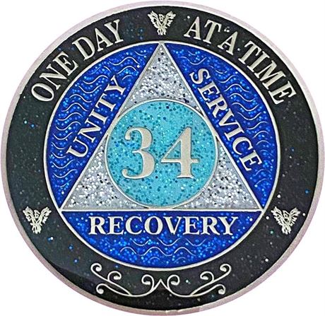 (Years 1-50) 34 Year AA Recovery Silver Color Plated Glitter Medallion, Black