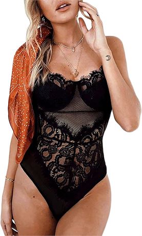 MEDIUM - Kaei&Shi See Through Lingerie V-Neck Floral Lace Babydoll Sexy Lingerie