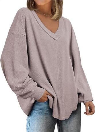 SIZE:L, Trendy Queen Women Casual V Neck Sweatshirt Ribbed Textured Oversized So