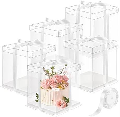 Ocmoiy Tall Clear Cake Box 8×8×9 Inches, 5 Pack Clear Cake Box for 6 Inch Tier