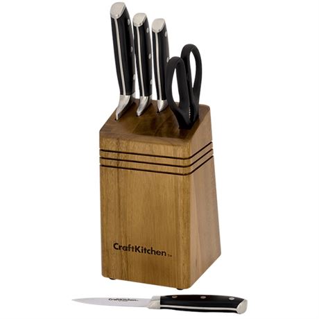CraftKitchen 6pc Triple Rivet Prep Cutlery Block Set with Acacia Wood Block