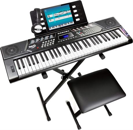 RockJam 61 Key Keyboard Piano With Pitch Bend Kit, Keyboard Stand, Piano Bench,
