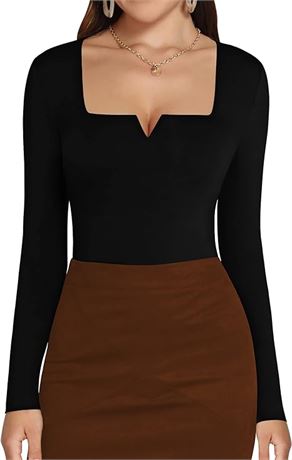 SIZE: M HERLOLLYCHIPS Long Sleeve Shirts for Women Tops Square Neck Notch Sexy C
