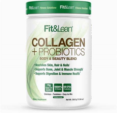 Fit & Lean Collagen + Probiotics- Grass-fed Collagen Peptide Powder Exp 07/2025