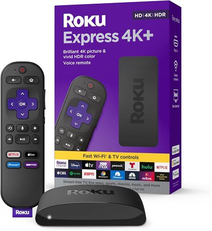 Roku Express 4K+ | Roku Streaming Device 4K/HDR, Roku Voice Remote, Free & Live