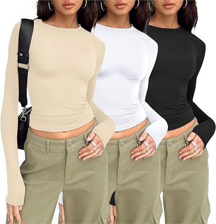 M, AUTOMET Womens 3 Pack Long Sleeve Shirts Basic Crop Tops Going Out Fall Fashi