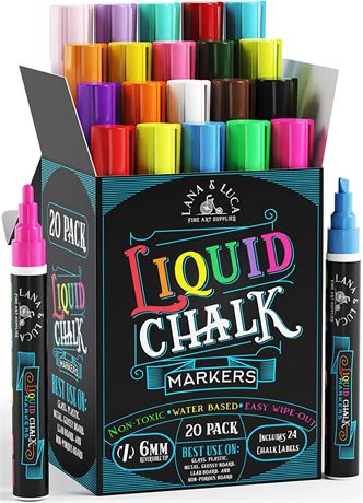 LANA & LUCA Liquid Chalk Markers 20 Pack - Wet Erase Marker Pens - for Chalkboar