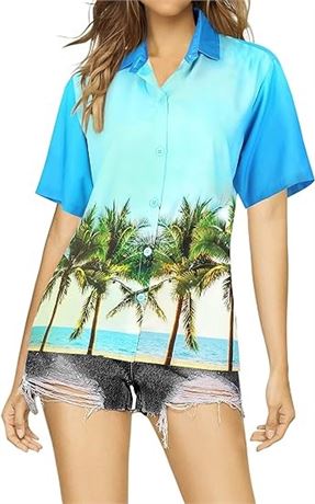 M, HAPPY BAY Women's Button Down Blouses Colorful Vacation Party Short Sleeve Ho