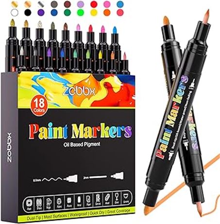 Zobbx 18 Colors Paint Pens Paint Markers, Dual Tip Oil-Based Paint Markers, Perm