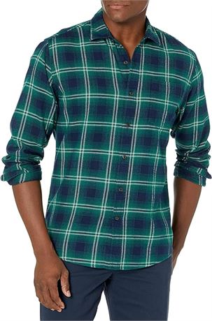 LARGE -Amazon Essentials Mens Long-Sleeve Flannel Shirt, Navy/Green, Ombre
