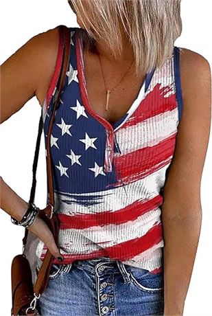 S, LYEIAO American Flag Ribbed Tank Women 4th of July Patriotic V Neck Button