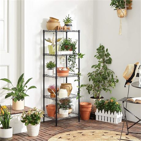 Kitchen Metal Shelves, 5-Tier Wire Shelving Unit with 8 Hooks, Narrow