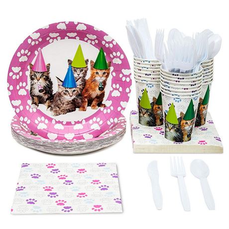 144-Piece Kitten Party Supplies Set with Cat Birthday Paper Plates 6.5-Inch Napk