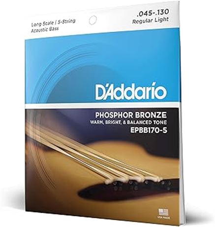 5-String- D'Addario EPBB170-5 Phosphor Bronze Acoustic Bass Guitar Strings - Lon