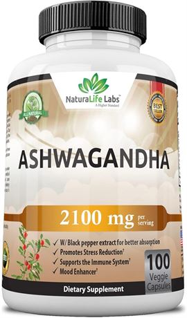 NaturaLife Labs Organic Ashwagandha 2,100 mg - 100 Vegan Capsules Exp 02/2027