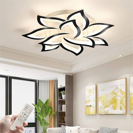 Eiinee Modern LED Ceiling Light, Dimmable Flower Shape Ceiling Lamp Fixture with Remote, Acrylic 10 Petals LED Ceiling Chandelier Lighting for Living Room Bedroom Kids Room (White & Black,70W)
