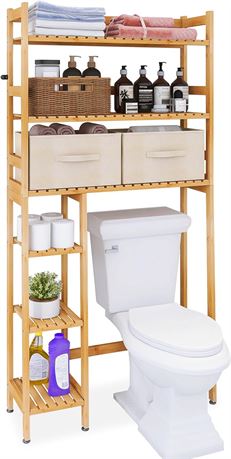 SMIBUY Bathroom Storage Shelf with Drawer, Bamboo Over-The-Toilet Organizer Rack