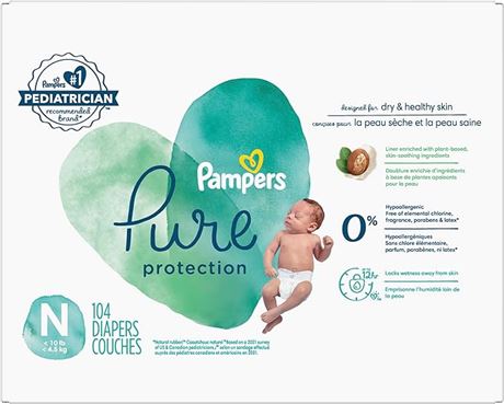 Pampers Diapers Size 0/Newborn, 104 Count - Pure Protection Disposable Baby Diap