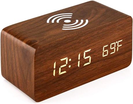 Wooden Alarm Clock with Qi Wireless Charging Pad Compatible with iPhone Samsung